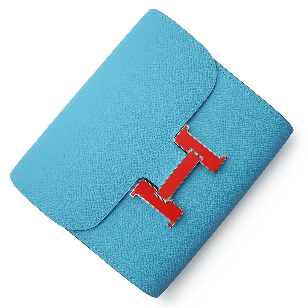 【未使用　展示品】HERMES エルメス コンスタンス コンパクト ヴォーエプソン ブルーデュノール ルージュドゥクール レッド Y刻印 二つ折り財布 レザー シルバー金具 箱付｜ブランドシティ　BrandCity
