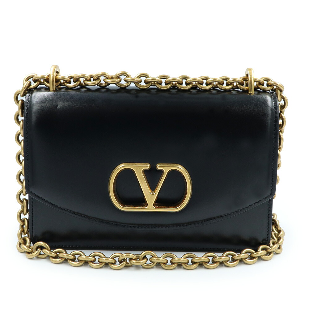【美品】Valentino Garavani ヴァレンティノ ガラヴァーニ 6W2B0R17GCB_0NO Vロゴ ヴェイン スモール シャイニーカーフスキン レザー ブラック ショルダーバッグ 斜め掛け アンティークゴールド金具