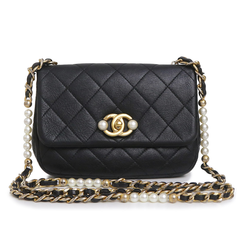 【中古】CHANEL シャネル ココマーク マトラッセ カーフスキン ブラック パール チェーン ショルダーバッグ 斜め掛け レザー ゴールド金具 AS3000