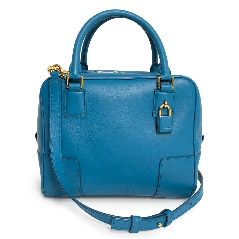 【美品】LOEWE ロエベ A039N10X03 アマソナ 19 真四角 カーフスキン なめし革 ラグーンブルー 2Way 肩部 ハンドバック 曲がった掛け ゴールド金具