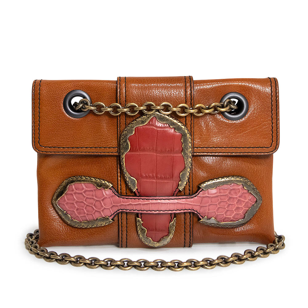 【美品】BOTTEGA VENETA ボッテガヴェネタ リアルト ゴートスキン クロコダイル レザー ブラウン レッド ピンク ショルダーバッグ 斜め掛け アンティークゴールド金具