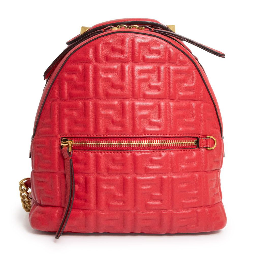 【未当て嵌める 見せびらかす品】FENDI フェンディ 8BZ038 ZAINO MINI ズッカ柄 ナッパレザー CARDINALE RED カーディナルレッド 背嚢 デイパック うしろ側容器に並べる アンティークゴールド金具