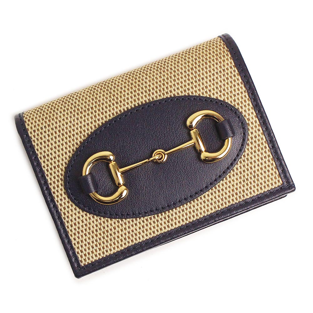 【新品・未当て嵌める品】GUCCI グッチ 621887 日本押さえる 1955 導管ビット 歌留多入れもの ウォレット なめし革 ヴィンテージキャンバス ベージュ ダークネイビー パウダーコンパクト 二つ折り紙入れ ゴールド金具 箱付