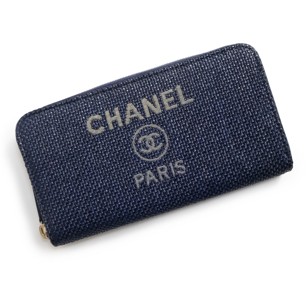 【未使用保管品】CHANEL シャネル A81977 ドーヴィル ライン ジップウォレット ラウンドファスナー キャンバス レザー ネイビー 長財布 シャンパンゴールド金具