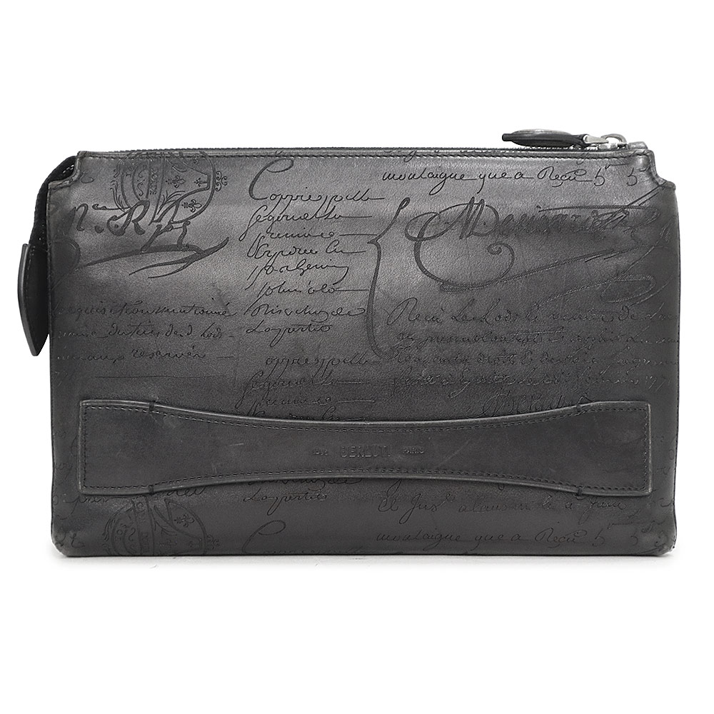 【中古】Berluti ベルルッティ テルシオ ジップポーチ カリグラフィ オールインワン ヴェネチアカーフレザー NERO GRIGIO ネロ グリージョ ブラック 黒 クラッチ セカンドバッグ シルバー金具
