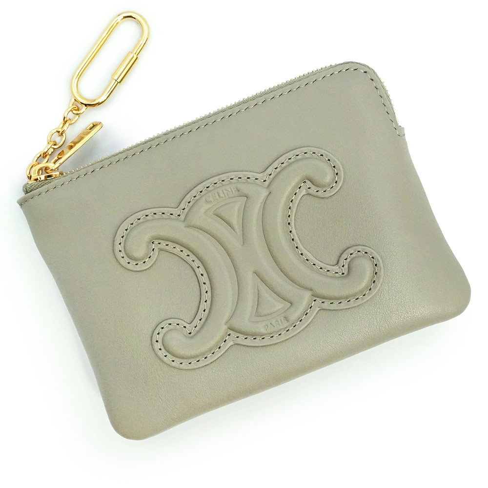 【新品・未使用品】CELINE セリーヌ 10C663DR8 コイン＆カードポーチ キュイル トリオンフ フック付き グリーンクレイ グレー コインケース 小銭入れ 財布 スムースカーフレザー ゴールド金具 箱付