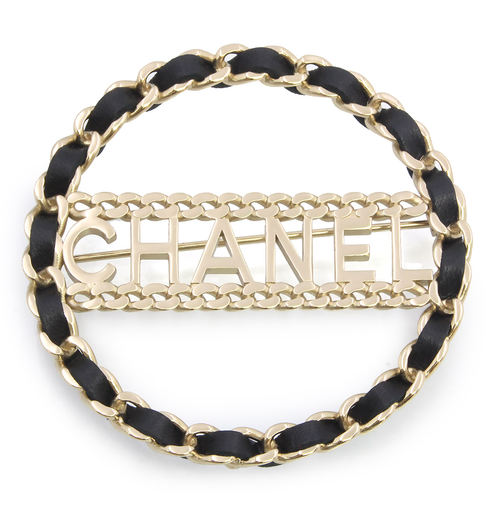 【新品・未使用品】CHANEL シャネル AB0096 ロゴ サークル 編み込みチェーン デザイン カーフスキン シャンパンゴールド ブラック ブローチ レザー 箱付|ブランドシティ BrandCity