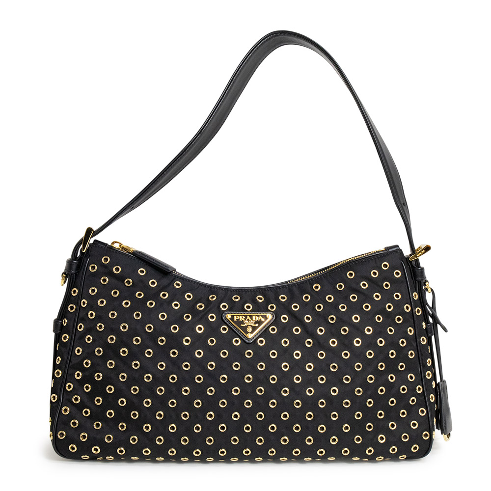 【未使用 展示品】PRADA プラダ 1BC232 エメ ハトメディテール ラージ Re-Nylon 再生ナイロン ブラック ショルダーバッグ ゴールド金具