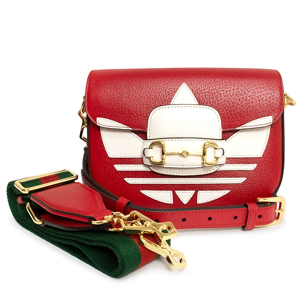 【未使用 展示品】GUCCI グッチ 658574 ホースビット 1955 アディダス adidas コラボ スモール レッド ホワイト 2Way ショルダーバッグ 斜め掛け ゴールド金具 レザー
