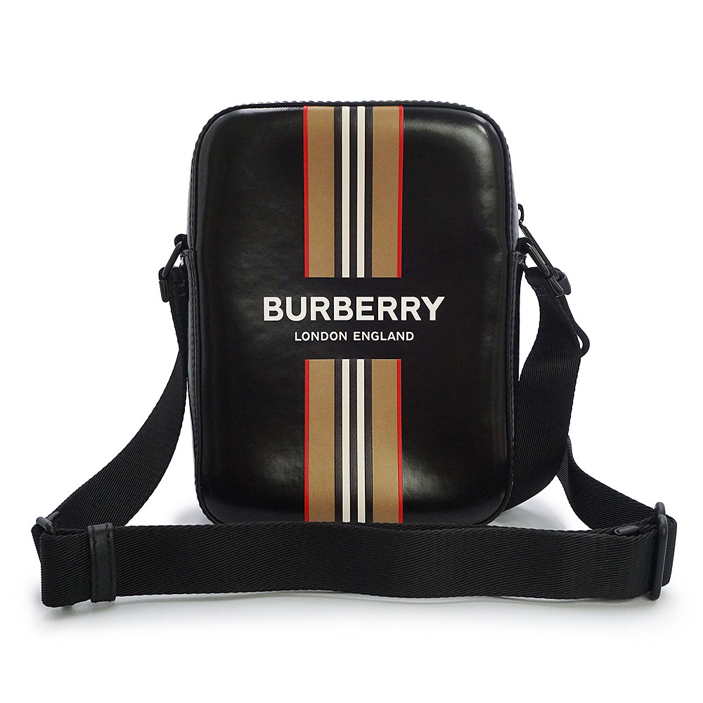 【未当て嵌める 見せびらかす品】BURBERRY バーバリー 8030016 THORNTON ソーントン アイコン 縞模様 上塗り帆布 黒いこと ショルダーバッグ 曲がった掛け 黒いこと金具