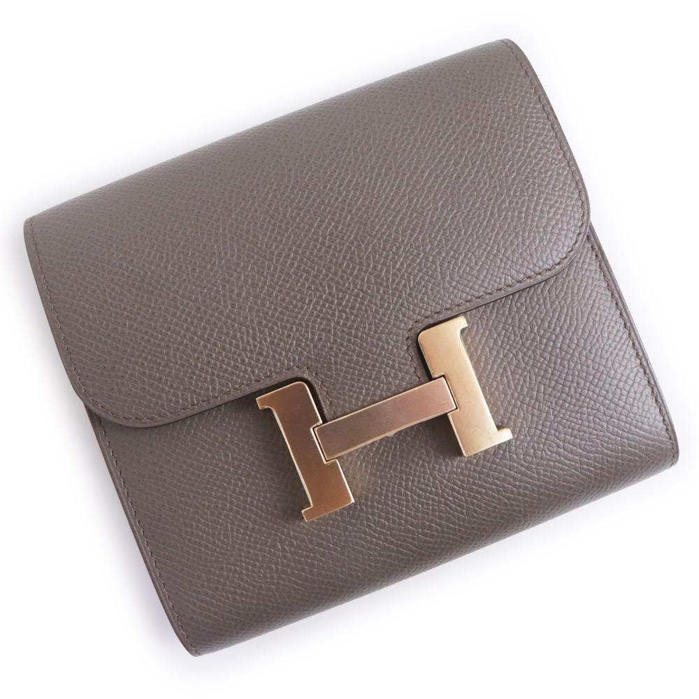 【美品】HERMES エルメス コンスタンス コンパクト ヴォーエプソン エタン ベージュ C刻印 二つ折り財布 レザー ゴールド金具