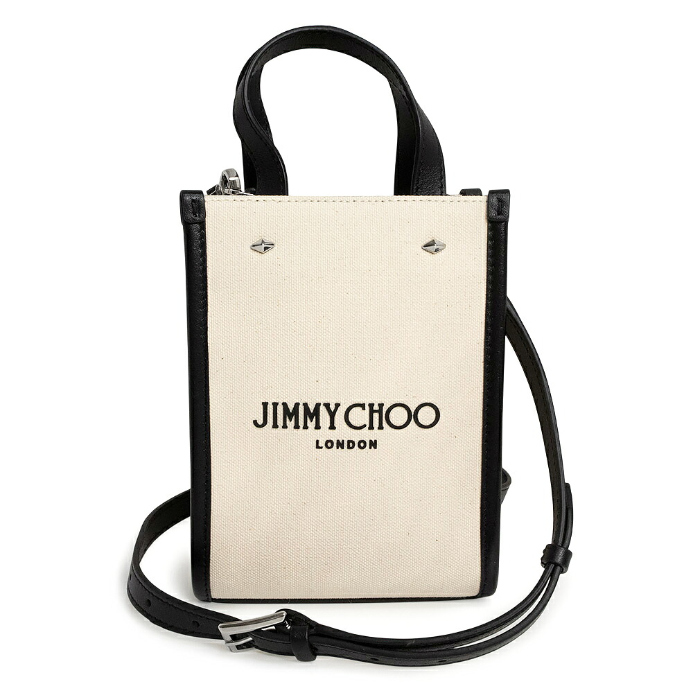 【新品・未使用品】JIMMY CHOO ジミーチュウ ミニ トート キャンバス レザー ナチュラル ブラック 2Way ショルダー ハンドバッグ 斜め掛け シルバー金具 MINI N/S TOTE CZM