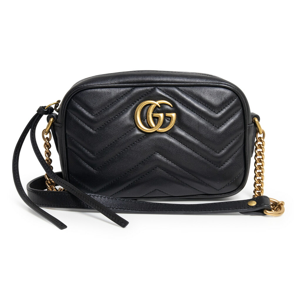 【美品】GUCCI グッチ 448065 GGマーモント ミニ 写真機御徒面子 シェブロンレザー 黒いこと チェーン店ショルダーバッグ 曲がった掛け アンティークゴールド金具