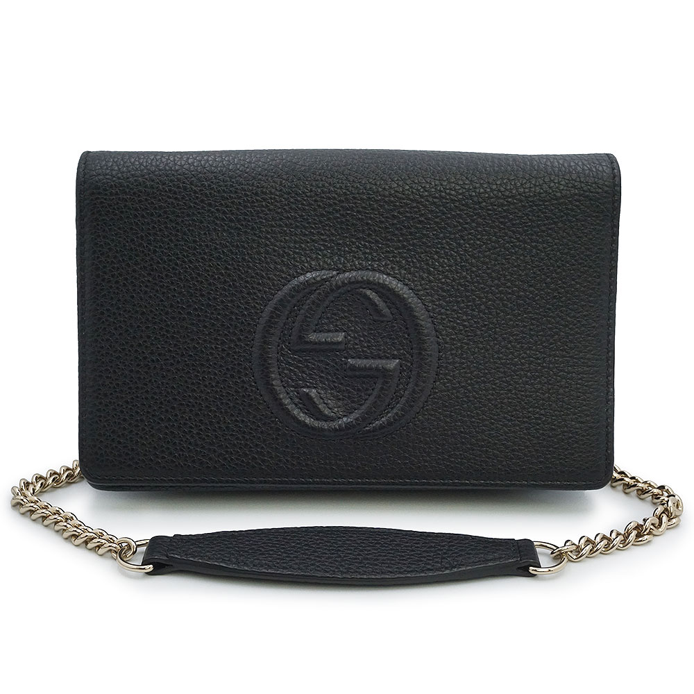 【未当て嵌める 見せびらかす品】GUCCI グッチ 598211 ソーホー インターロッキングG カーフスキン 黒いこと チェーンウォレット 長紙入れ ショルダーバッグ 曲がった掛け なめし革 ゴールド金具 箱付