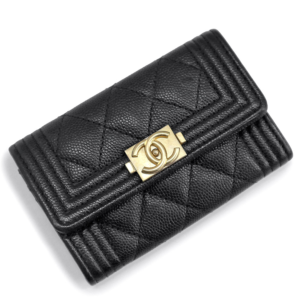【美品】CHANEL シャネル A80603 ボーイシャネル マトラッセ フラップ キャビアスキン ブラック カードケース 名刺入れ 定期入れ パスケース レザー ゴールド金具