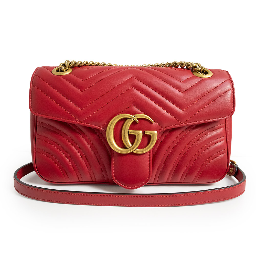 【未使用　展示品】GUCCI グッチ 443497 GGマーモント ミディアム キルティングレザー ハイビスカスレッド チェーン ショルダーバッグ 斜め掛け ゴールド金具｜ブランドシティ　BrandCity