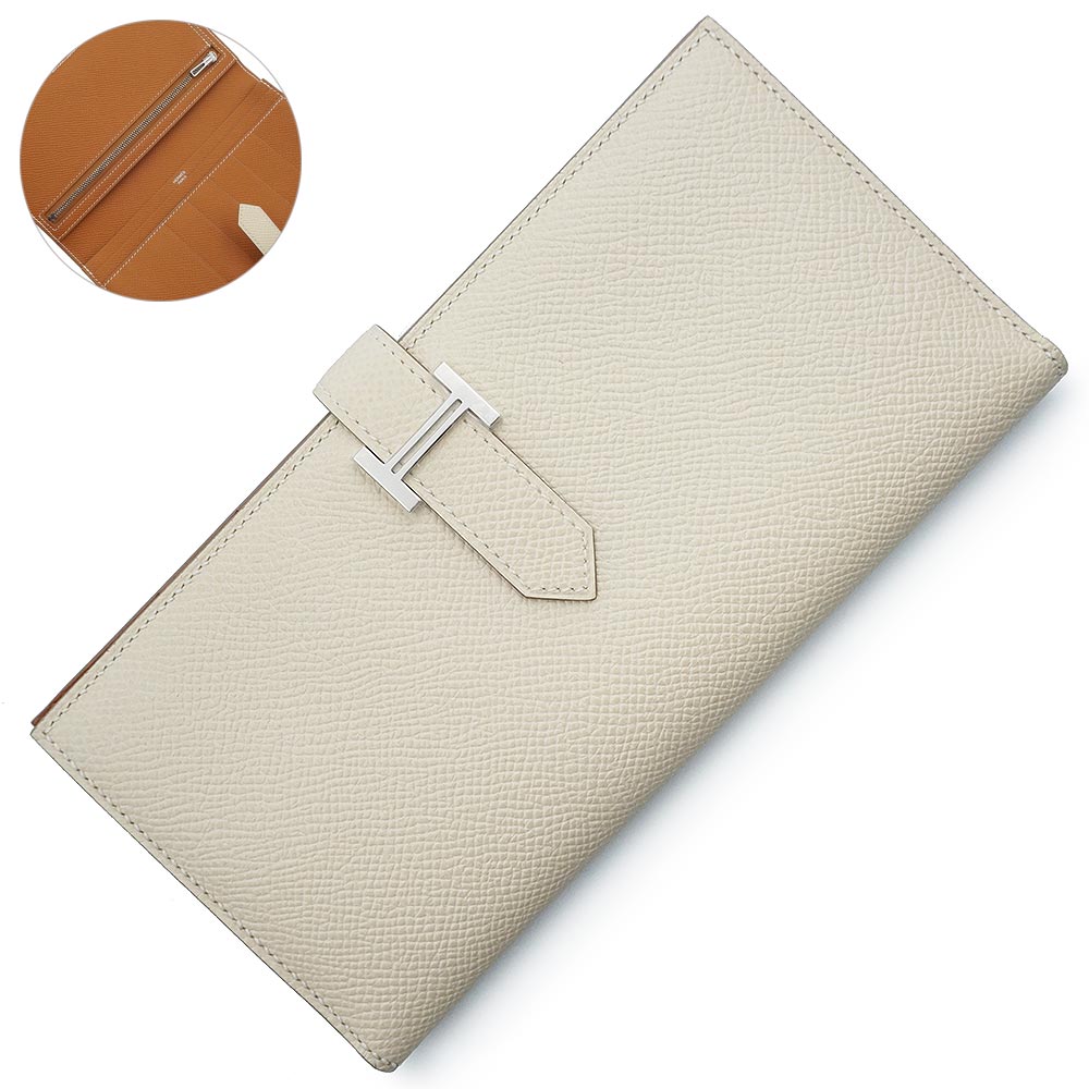 【新品・未当て嵌める品】HERMES エルメス ベアン スフレ ヴェルソ ヴォーエプソン バイ色つや クレ ゴールド 象牙色 赤銅色 B目じるし 二つ折り長金入れ なめし革 しろがね色金具 箱付