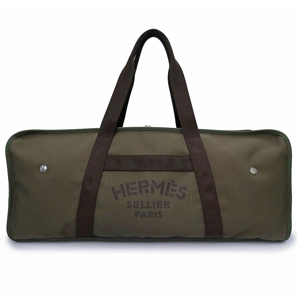 【未当て嵌める 見せびらかす品】HERMES エルメス ブーツ アンド 安全帽御徒面子 グルーム ポリアミド 綿織物 ポリウレタン カーフスキン カーキ オレンジ色 周遊 ボストンバッグ しろがね色金具