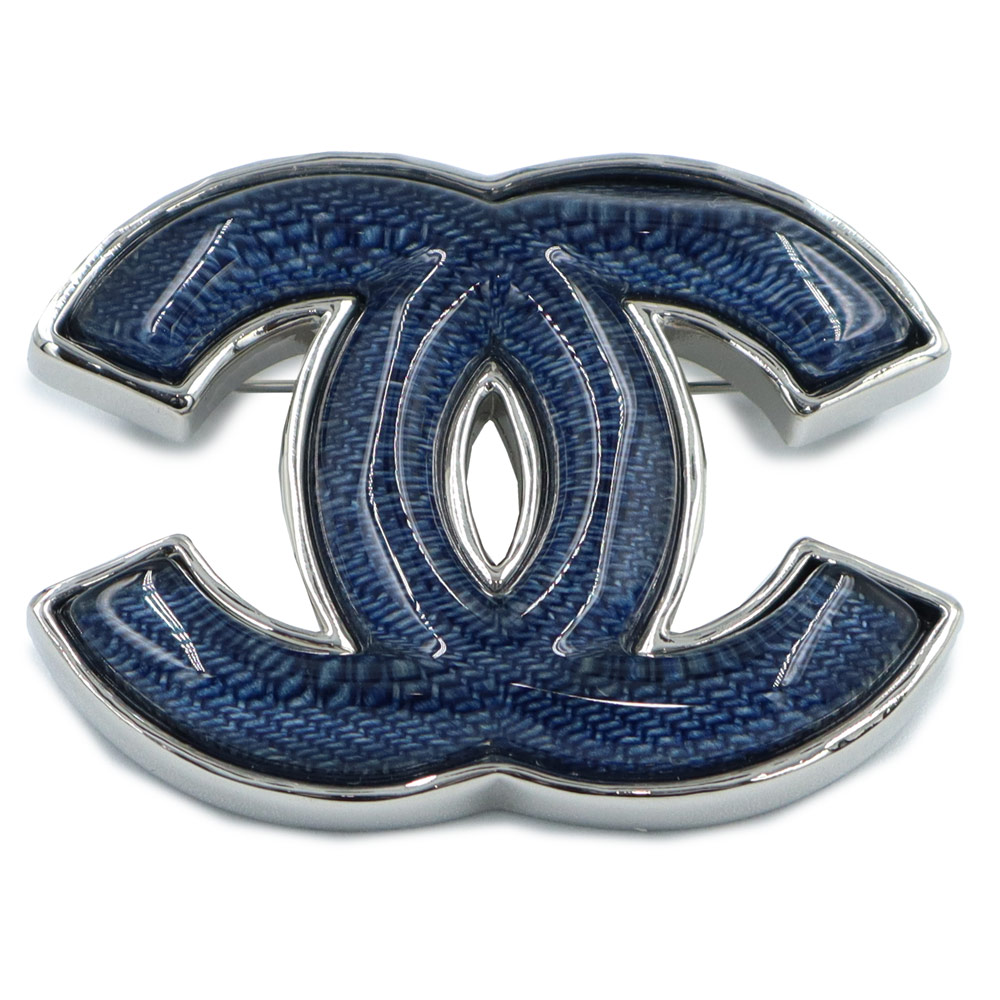 【未使用　展示品】CHANEL シャネル デニム ココマーク CCロゴ メタル ブルー シルバー ブローチ 箱付