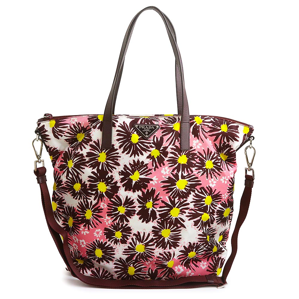 【美品】PRADA プラダ B4696F 花柄 フラワー トライアングル 三角ロゴプレート TESSUTO STAMPAT ナイロン マルチカラー ボルドー ピンク イエロー 2way ショルダー トートバッグ 斜め掛け シルバー金具|ブランドシティ BrandCity