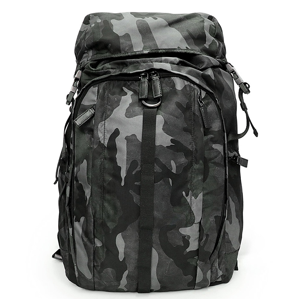 【未当て嵌める 見せびらかす品】PRADA プラダ VZ0056 化けの皮 偽装 TESSUTO CAMOUFLAGE ナイロン なめし革 FUMO 暗然たる薄墨色 カーキ 黒いこと 背嚢 デイパック うしろ側容器に並べる アンティークしろがね色金具