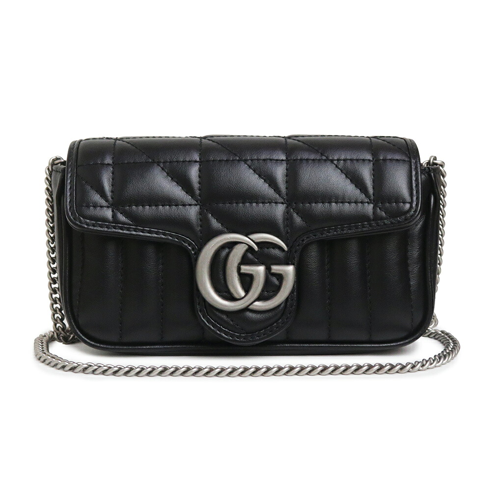 【未当て嵌める 見せびらかす品】GUCCI グッチ 476433 GGマーモント 百貨店ミニ シェブロンレザー 黒いこと チェーン店 ショルダーバッグ 曲がった掛け アンティークしろがね色金具 箱付