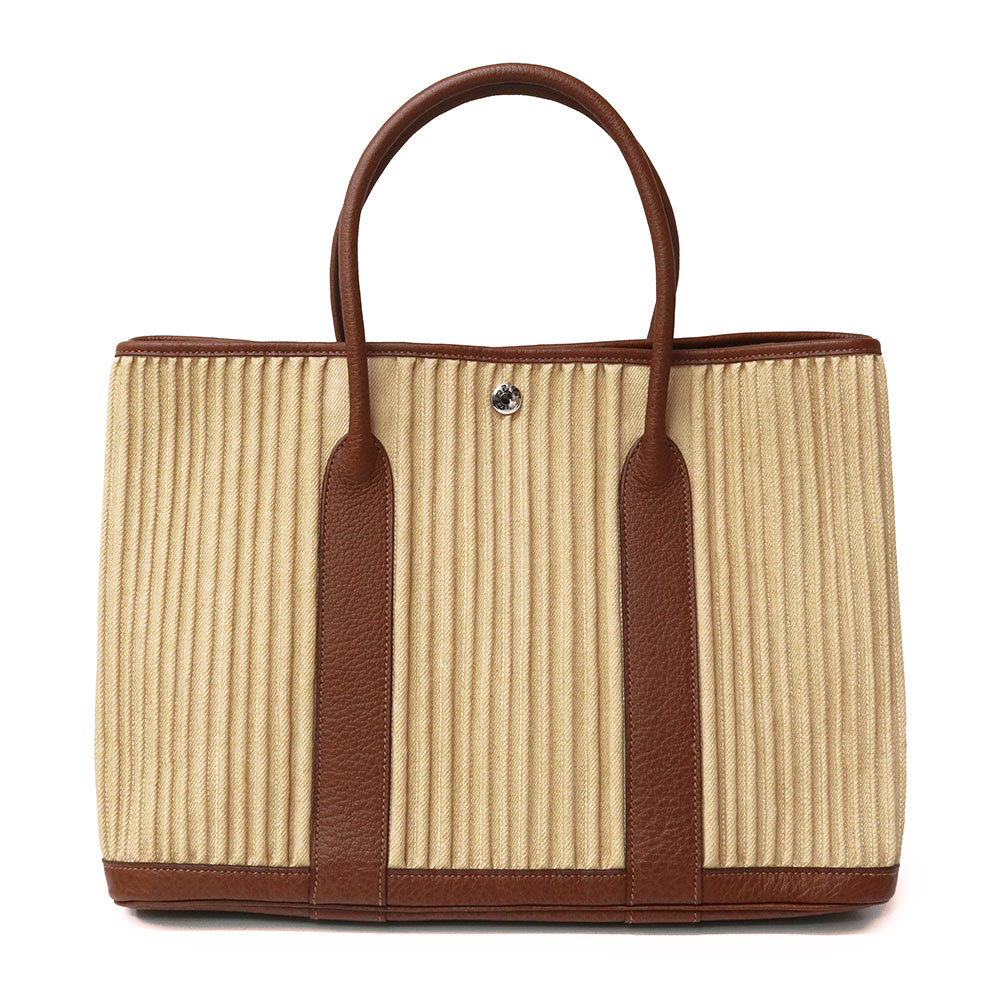 【未使用　展示品】HERMES エルメス ガーデンパーティ PM 36 ブッフルスキッパー トワルデニムカヌレ ベージュ マロン □L刻印 ハンドバッグ レザー シルバー金具