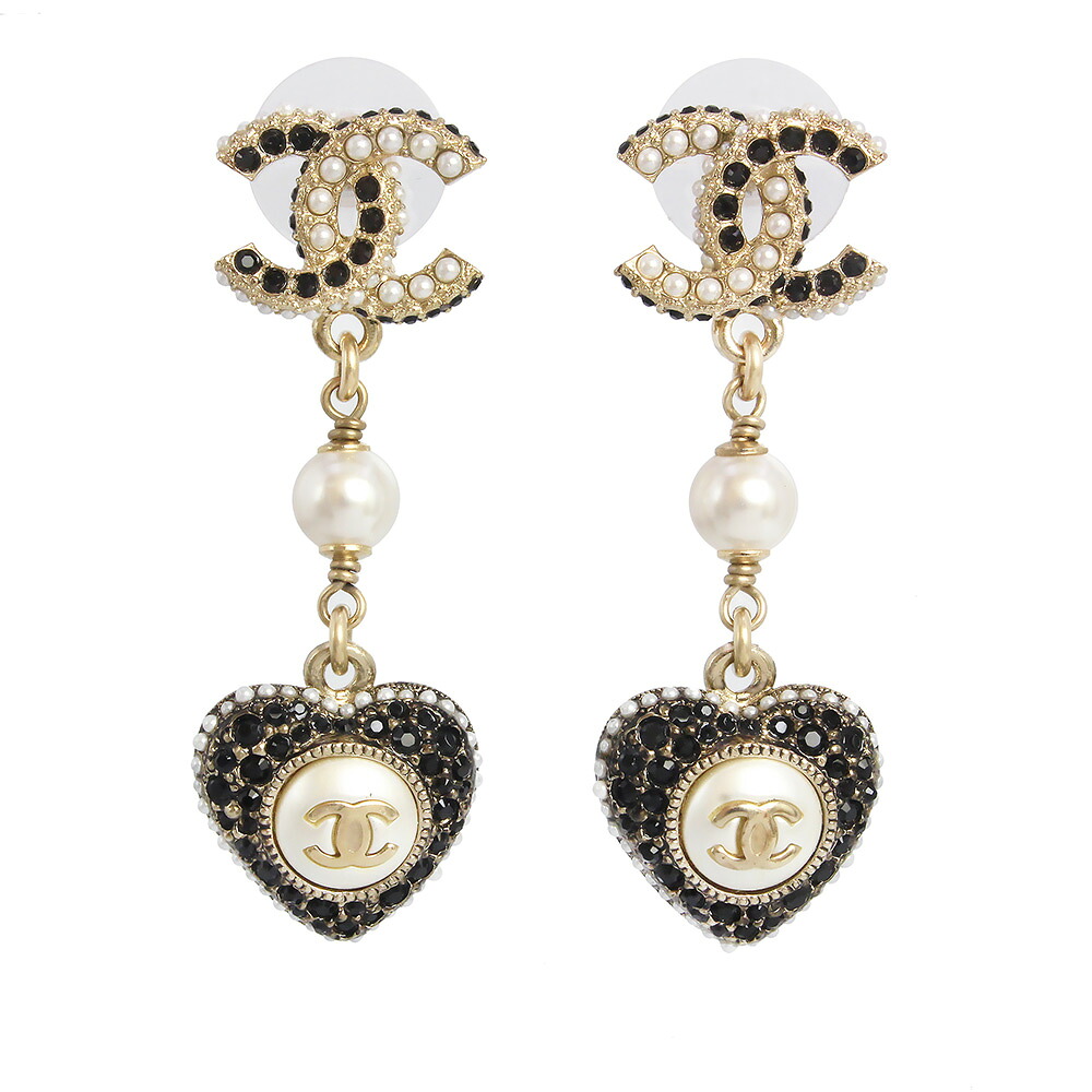 【未使用　展示品】CHANEL シャネル AB9397 ココマーク ラインストーン パール ハート ゴールド ブラック スイング ピアス