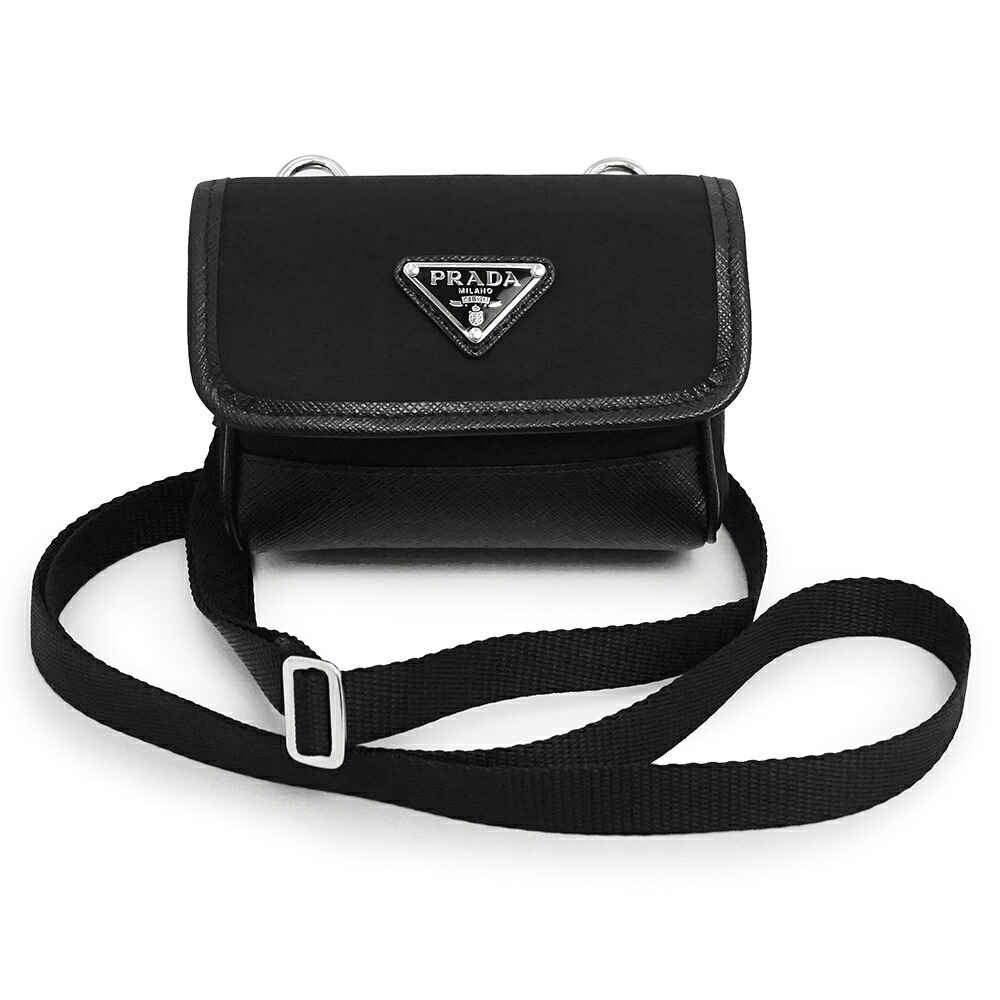 【未当て嵌める 見せびらかす品】PRADA プラダ 2ZT022 ３角形 三角形ロゴタイプ テスート ナイロン サフィアーノ なめし革 ネロ 黒いこと ミニ ショルダーバッグ 曲がった掛け ポシェット しろがね色金具