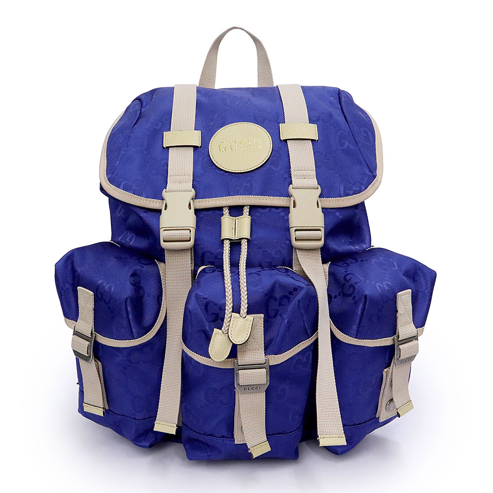 【未当て嵌める 見せびらかす品】GUCCI グッチ 626160 日本制限事項 Gucci Off The Grid うしろ側風呂敷き包み GGナイロン なめし革 青色 背嚢 デイパック 白いこと金具