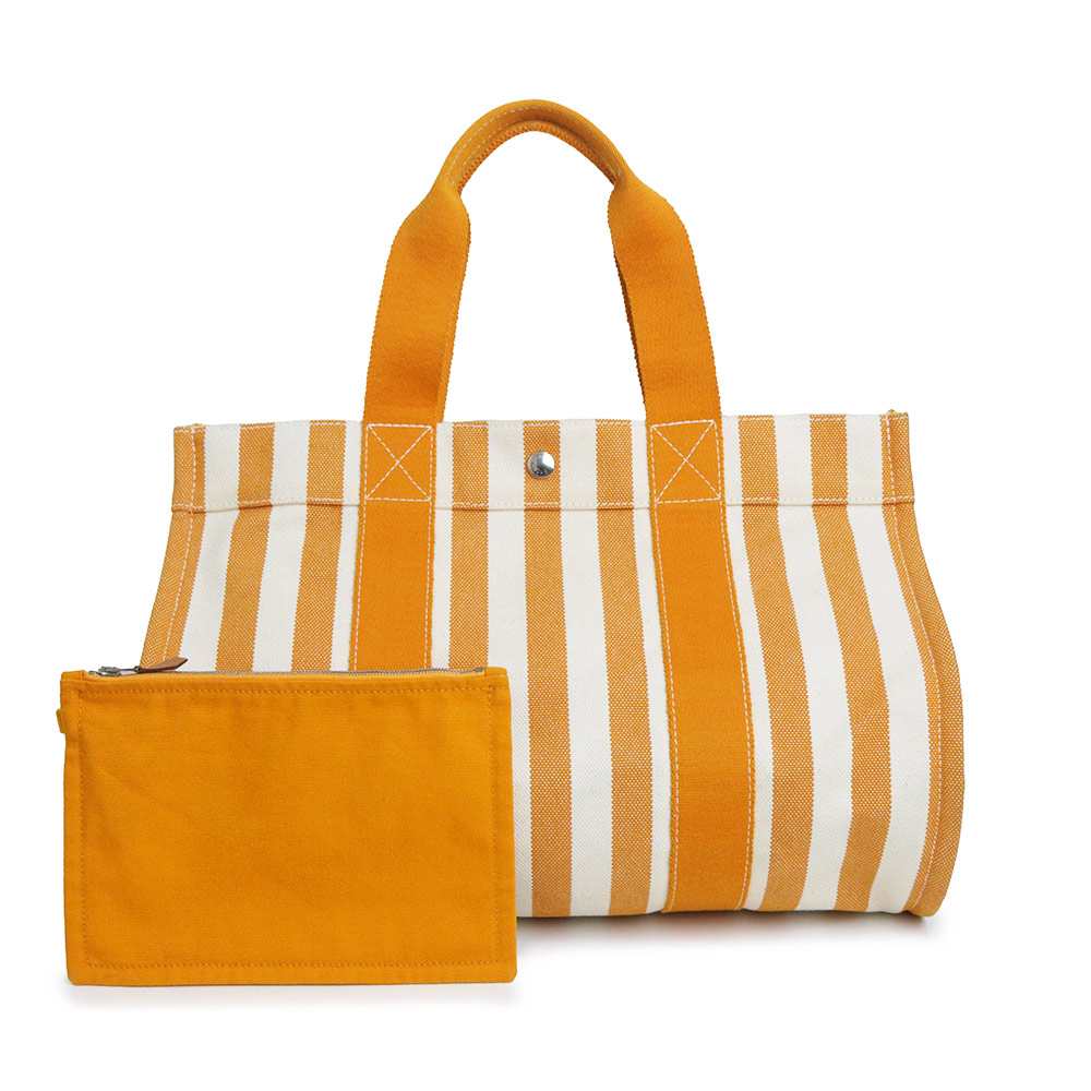 【中古】HERMES エルメス カンヌ MM コットン100％ キャンバス オレンジ ホワイト ハンドバッグ シルバー金具｜ブランドシティ　BrandCity