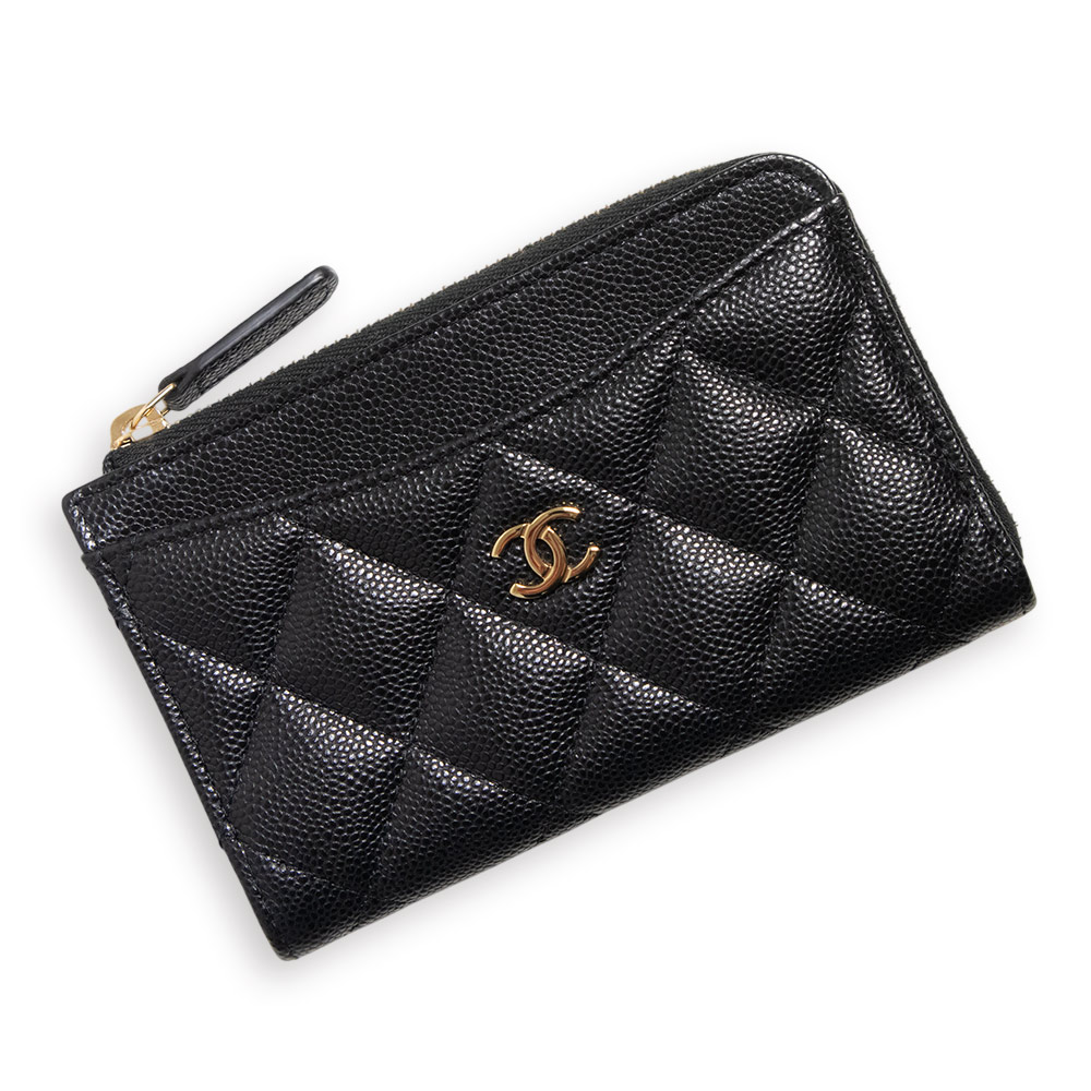 【未使用　展示品】CHANEL シャネル AP3179 クラシック ジップ カードケース キャビアスキン ブラック マトラッセ フラグメントケース ケース パスケース 小銭入れ 財布 レザー ゴールド金具 箱付