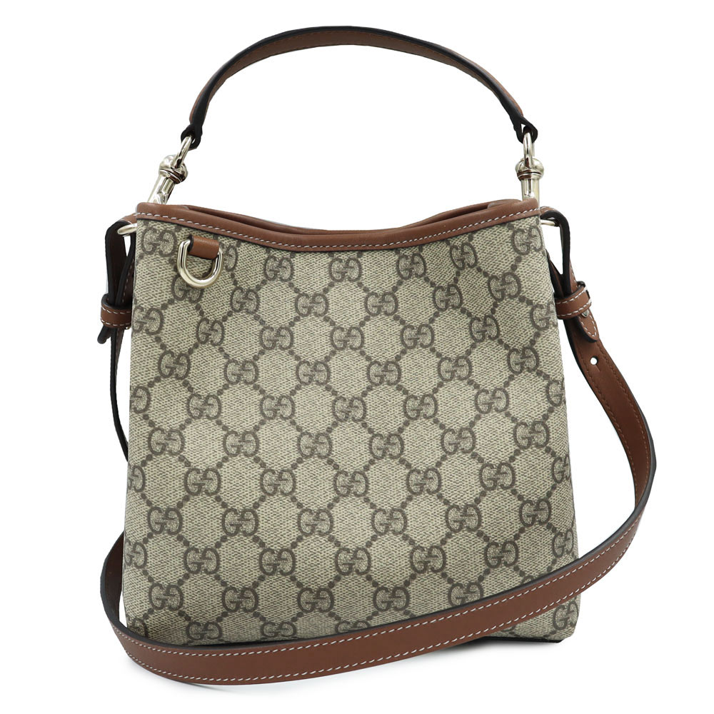 【未使用　展示品】GUCCI グッチ 815118 GGエンブレム スモール バケット 2WAY GGスプリームキャンバス レザー エボニー ブラウン ベージュ ショルダー ハンドバッグ 斜め掛け ゴールド金具 123,750円