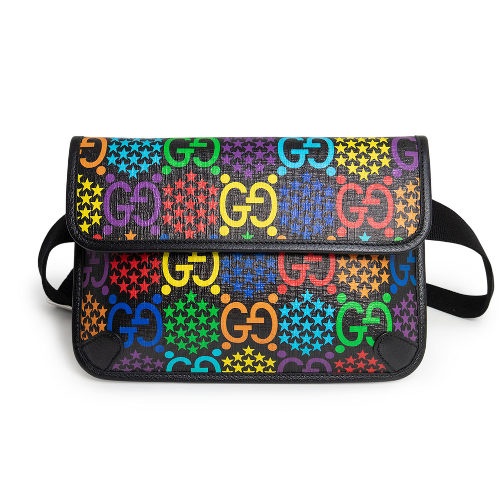 【新品・未当てはめる品】GUCCI グッチ 598113 GGサイケデリック 三尺帯御徒面子 PVC上塗り帆布 なめし革 マルチ色合い 黒いこと 酉の方角 肩先 上半身御徒面子 曲がった掛け しろがね色金具 箱付