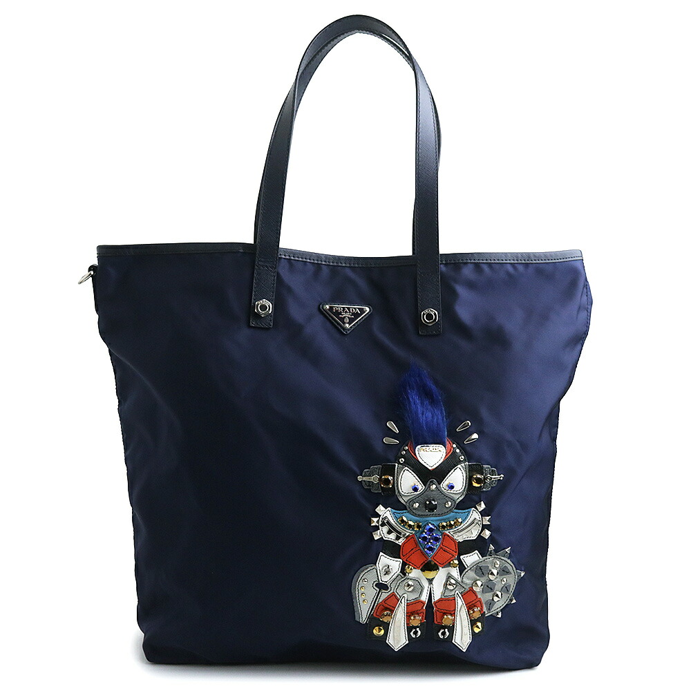 【美品】PRADA プラダ B4605R ロボットモチーフ ヴァーティカル トライアングル 三角ロゴプレート TESSUTO TATTOO ナイロン BALTICO バルティコ ネイビー トートバッグ シルバー金具
