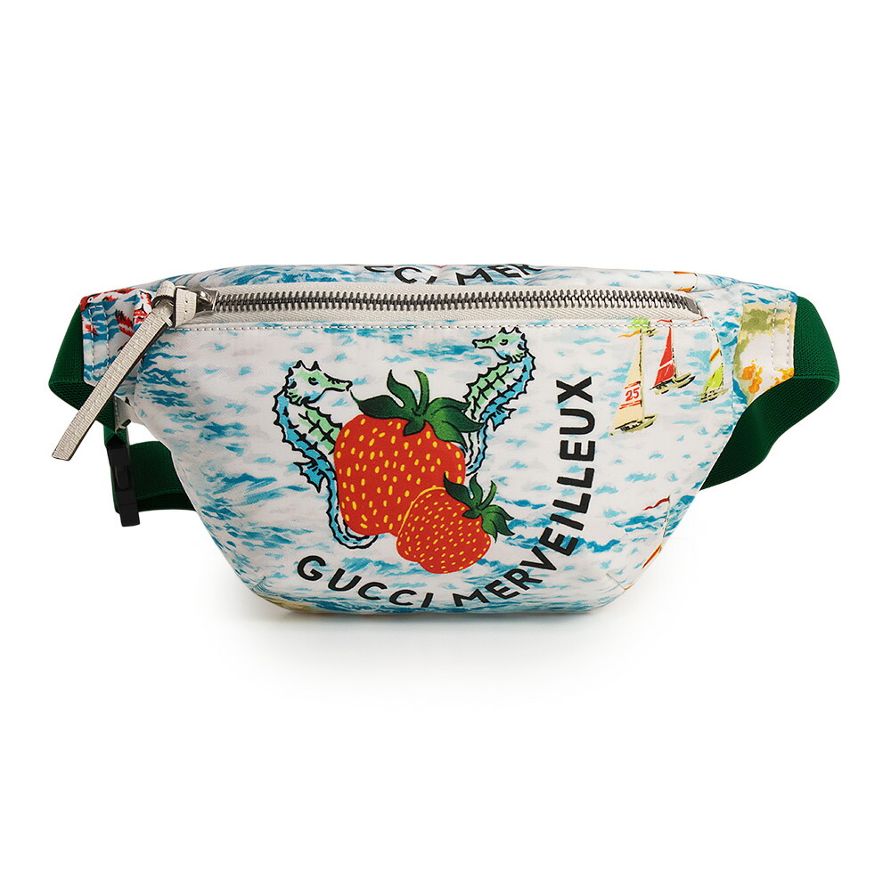 【未使用保管品】GUCCI グッチ 502095 メルヴェイユ チルドレンズ ストロベリー 苺 タツノオトシゴ ハイビスカス ナイロン レザー ライトブルー グリーン レッド ウエスト ベルトバッグ アンティークシルバー金具