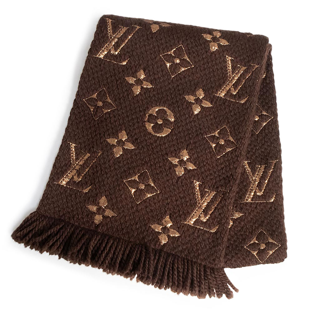【美品】LOUIS VUITTON ルイ ヴィトン M71383 エシャルプ ロゴタイプ気違い シャイン 羊毛 地絹 マロン 赤銅色 袈裟 えり巻き