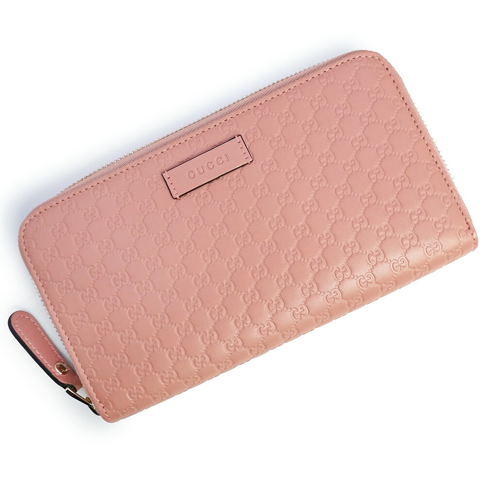 【美品】GUCCI グッチ 449391 書き判 マイクログッチシマレザー サクラ色 ラウンドジッパー ジップ 長紙入れ ゴールド金具