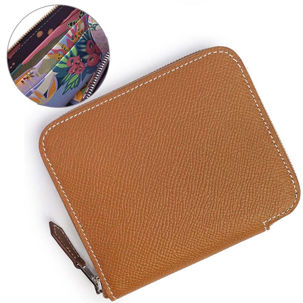 【新品・未当て嵌める品】HERMES エルメス アザップ パウダーコンパクト シルクイン EN LIBERTE アンリベルテ 大まかに ヴォーエプソン ゴールド 黒房すぐり ヴェールフィズ 赤銅色 W目じるし コインケース 釣り銭入れ 金入れ なめし革 しろがね色金具 箱付