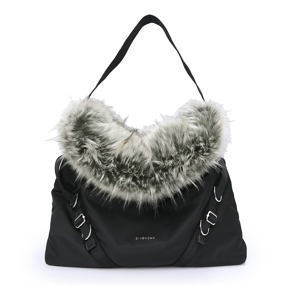 【新品・未当て嵌める品】GIVENCHY ジバンシィ BK50CTK1U7001 ヴォワイユー ナイロン フェイクファー 黒いこと ショルダーバッグ 曲がった掛け しろがね色金具