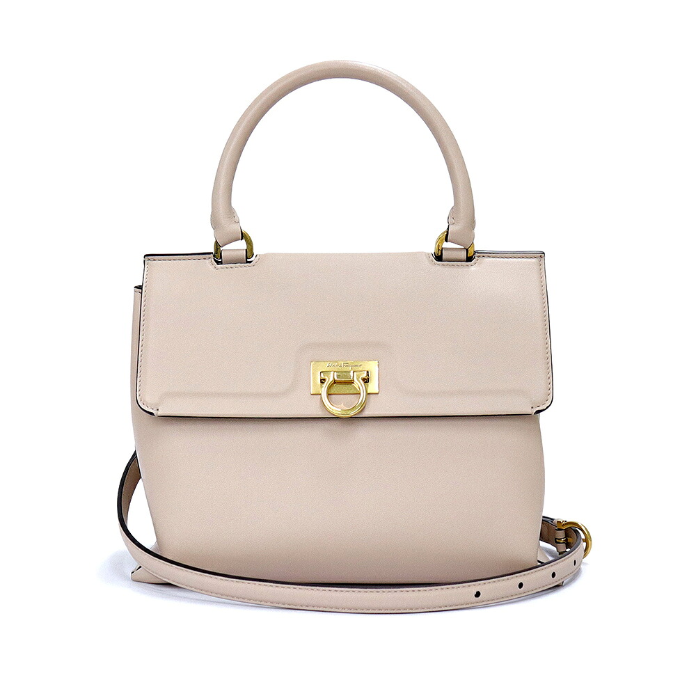 【未使用　展示品】Salvatore Ferragamo サルヴァトーレフェラガモ FZ-21 0892 トリフォリオ トップハンドル カーフスキン レザー ベージュ ショルダー ハンドバッグ 2way 斜め掛け レザー ゴールド金具
