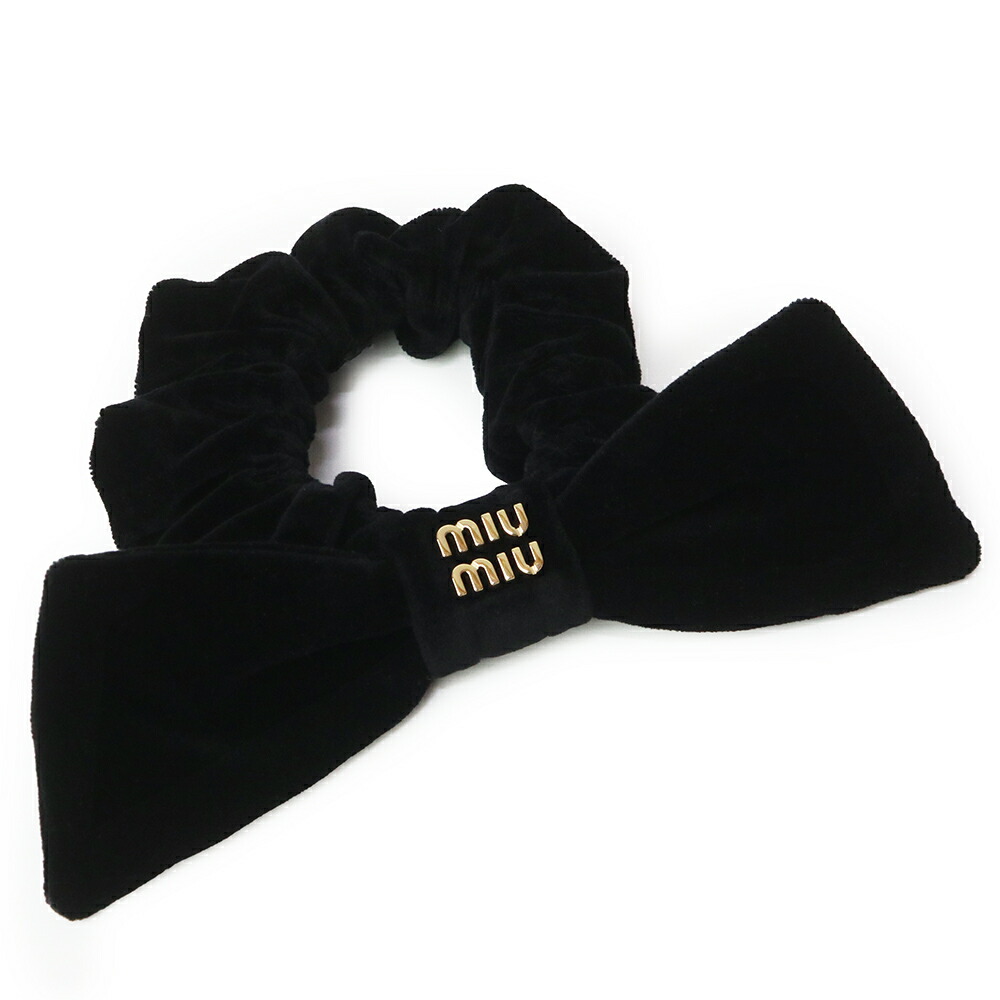 【新品・未使用品】miu miu ミュウミュウ 5IF181 ベルベット ベロア シュシュ リボン メタル ロゴ ヘアゴム 髪飾り 髪留め ヘアアクセサリー ブラック ゴールド金具 箱付