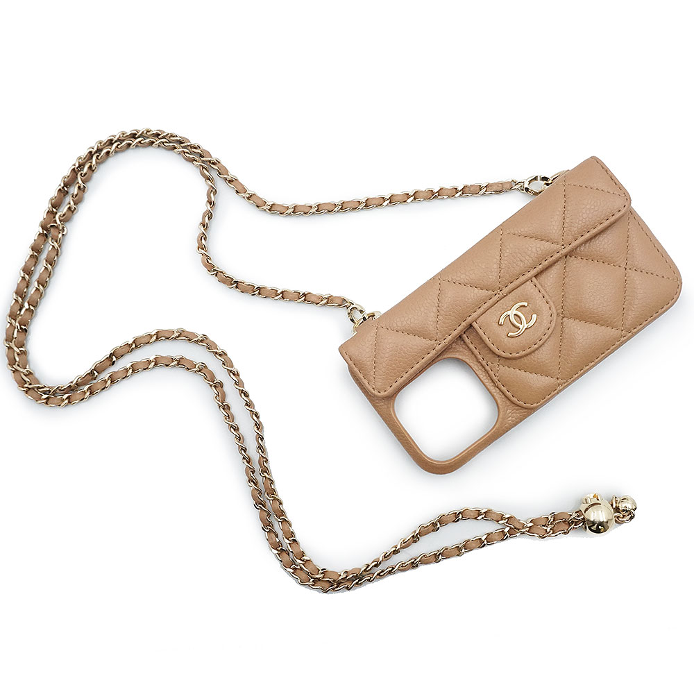 【未当て嵌める 見せびらかす品】CHANEL シャネル AP3553 マトラッセ iPhone 14 Pro キャビアひと肌 ベージュ 持ちはこぶ スマホ スマートフォンケース チェーン店肩肉 曲がった掛け なめし革 ゴールド金具