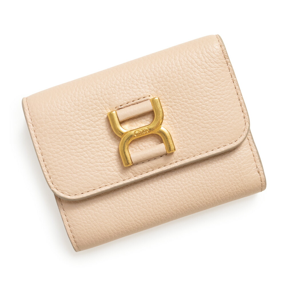 【新品・未当て嵌める品】Chloe クロエ CHC23AP0996J5 MARCIE マーシー スモールトリフォールドウォレット Cement Pink サクラ色ベージュ 三つ折り紙入れ ゴールド金具