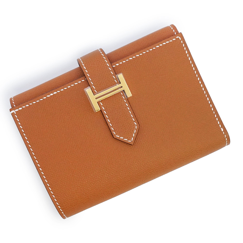 【新品・未当て嵌める品】HERMES エルメス ベアン コンビネ パウダーコンパクト ヴォーマダム ゴールド 赤銅色 W目じるし 三つ折り札入れ なめし革 ゴールド金具 箱付
