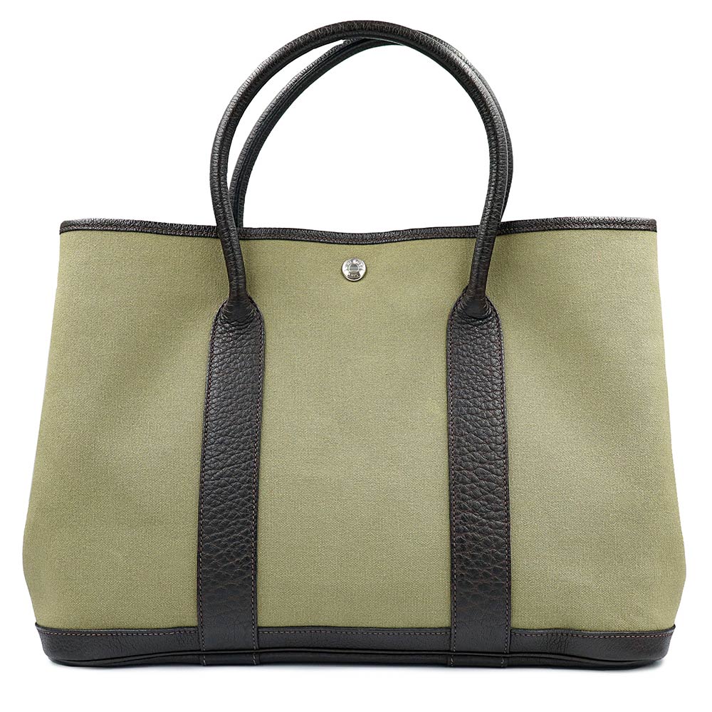 【中古】HERMES エルメス 苑地寄りあい 36 PM トワルオフィシエ ブッフルスキッパー カーキ ニコチン T目じるし ハンドバック 帆布 なめし革 しろがね色金具