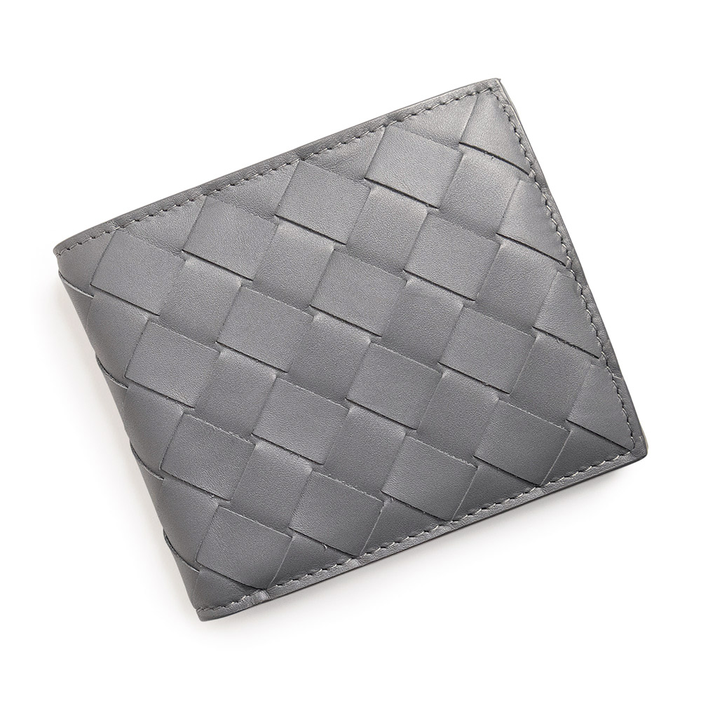 【未使用　展示品】BOTTEGA VENETA ボッテガヴェネタ 749412 イントレチャート コインパース付き二つ折りウォレット カーフスキン グレー 二つ折り財布 レザー シルバー金具 箱付