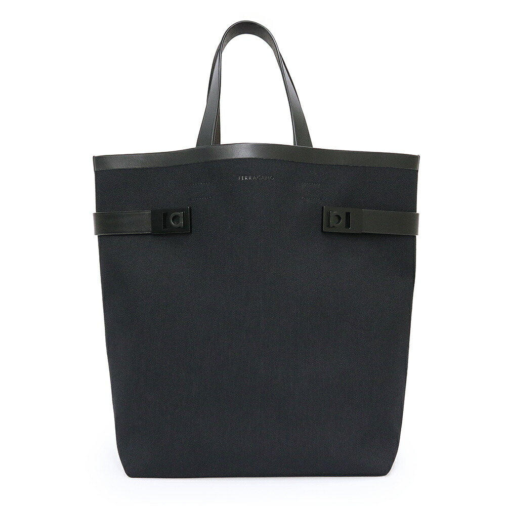 【未当て嵌める 見せびらかす品】Salvatore Ferragamo サルヴァトーレフェラガモ 24 1345/00 ガンチーニ 帆布 なめし革 黒いこと トートバッグ 黒いこと金具