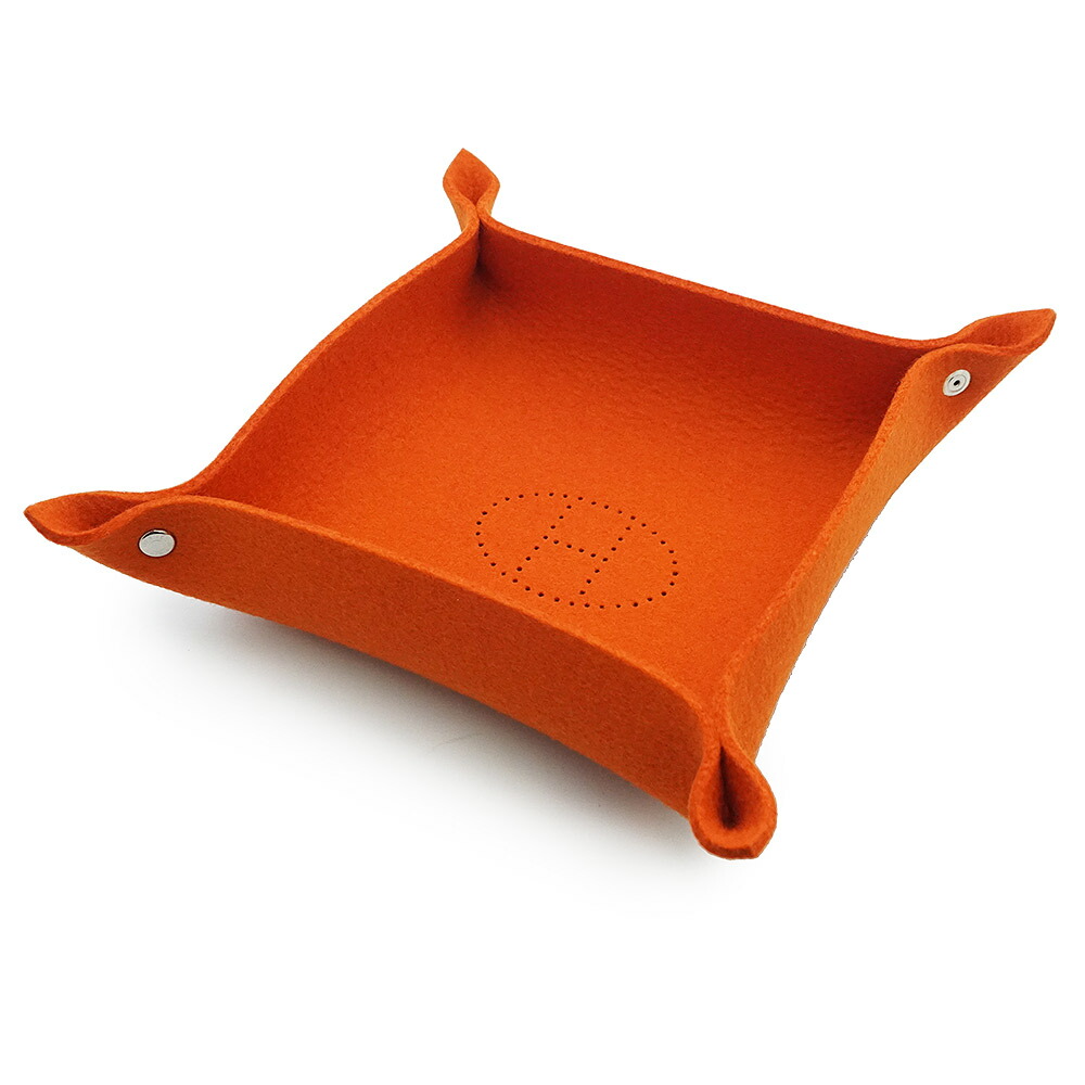 【新品・未使用品】HERMES エルメス ヴィド ポッシュ ミーズ エ ルランス Hエヴリン ウールフェルト オレンジ デスク ジュエリートレイ トレー 小物入れ シルバー金具 箱付