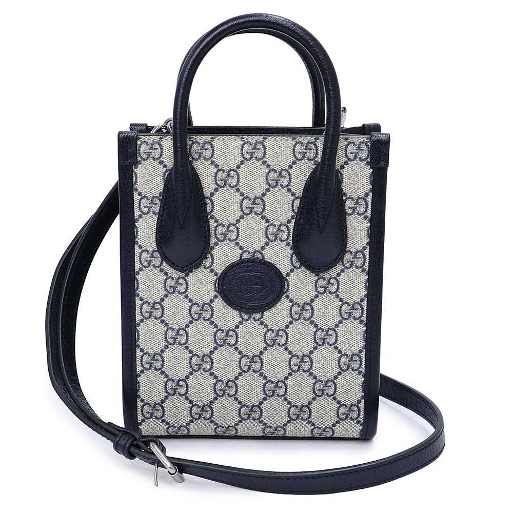 【未使用　展示品】GUCCI グッチ 671623 インターロッキングG ミニ 2way ショルダー トートバッグ GGスプリームキャンバス レザー ネイビー ベージュ 斜め掛け シルバー金具